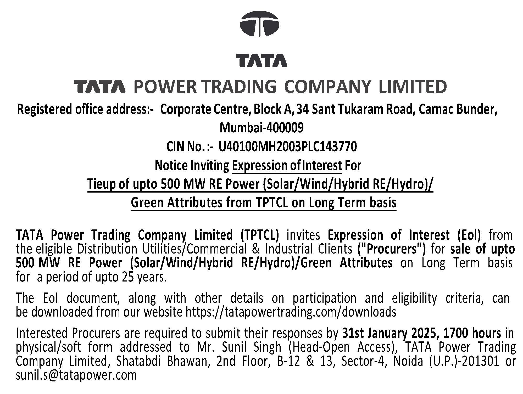 TPTCL EOI 500 MW RE POWER